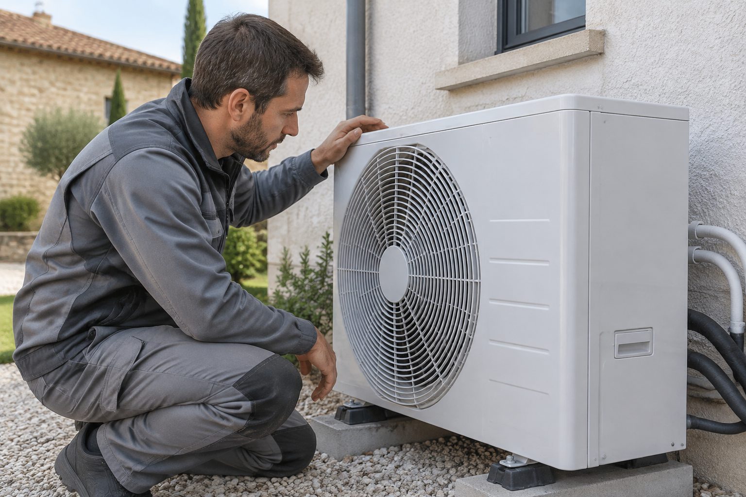 Installateur posant une unité extérieure de pompe à chaleur