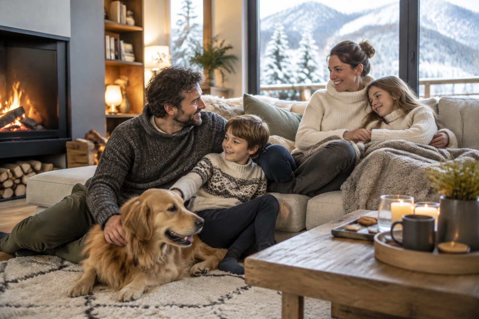 Famille réunie dans un salon chauffé